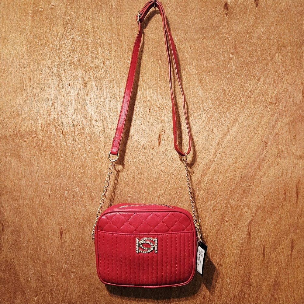 bebe Quilted Red Crossbody Bag with Gold Chain and Crystal Logo - Picture 2 of 16